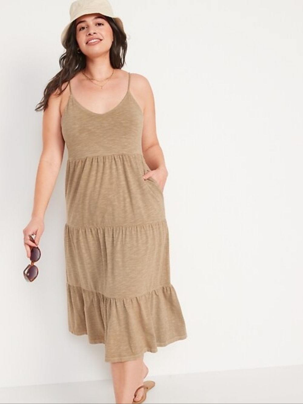 Old Navy Tan Tiered Cami Midi Swing Dress